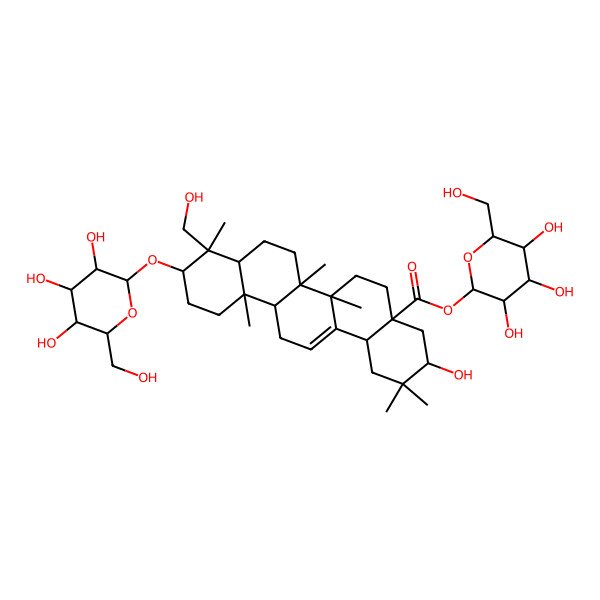 2D Structure of [(2R,3R,4S,5S,6R)-3,4,5-trihydroxy-6-(hydroxymethyl)oxan-2-yl] (3S,4aR,6aR,6aS,6bR,8aR,9R,10S,12aR,14bS)-3-hydroxy-9-(hydroxymethyl)-2,2,6a,6b,9,12a-hexamethyl-10-[(2R,3R,4S,5S,6R)-3,4,5-trihydroxy-6-(hydroxymethyl)oxan-2-yl]oxy-1,3,4,5,6,6a,7,8,8a,10,11,12,13,14b-tetradecahydropicene-4a-carboxylate