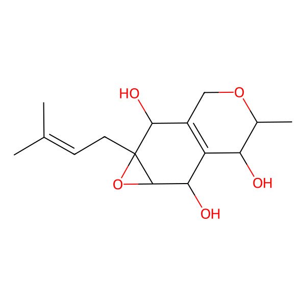 2D Structure of 2H-Oxireno[g][2]benzopyran-2,6,7-triol, 1a,3,5,6,7,7a-hexahydro-5-methyl-1a-(3-methyl-2-butenyl)-, (1aR,2S,5S,6R,7R,7aS)-rel-