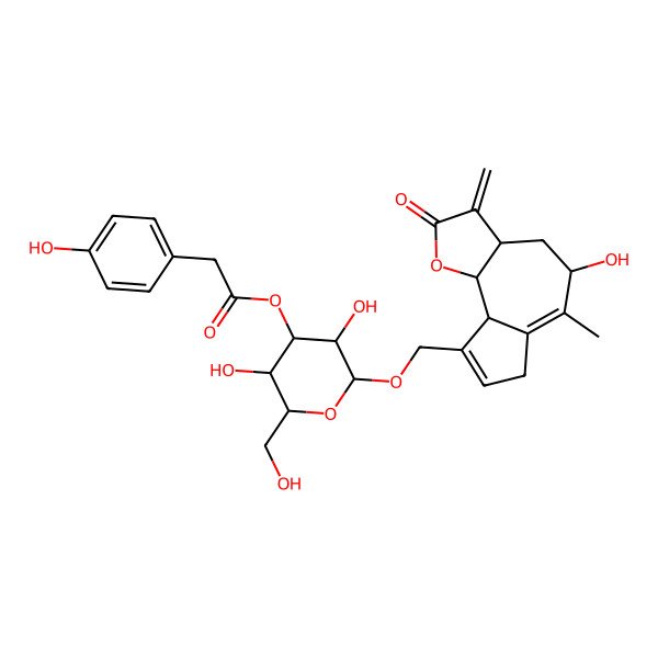 2D Structure of [(2R,3R,4S,5R,6R)-2-[[(3aS,5R,9aR,9bS)-5-hydroxy-6-methyl-3-methylidene-2-oxo-3a,4,5,7,9a,9b-hexahydroazuleno[8,7-b]furan-9-yl]methoxy]-3,5-dihydroxy-6-(hydroxymethyl)oxan-4-yl] 2-(4-hydroxyphenyl)acetate