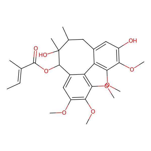2D Structure of [(8R,9R,10S)-9,14-dihydroxy-3,4,5,15,16-pentamethoxy-9,10-dimethyl-8-tricyclo[10.4.0.02,7]hexadeca-1(16),2,4,6,12,14-hexaenyl] (E)-2-methylbut-2-enoate