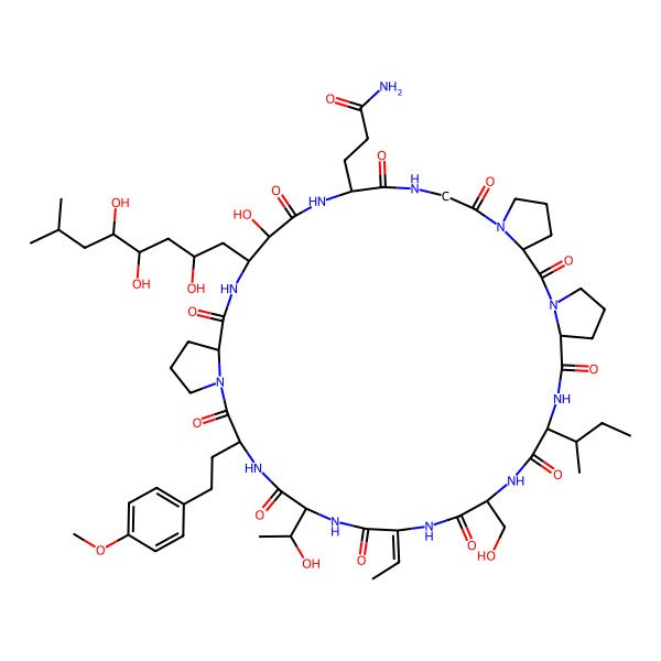 2D Structure of 3-[(3S,12R,15S,16R,19S,25R,28S,31E,34S,37R,40S)-37-[(2S)-butan-2-yl]-31-ethylidene-15-hydroxy-28-[(1R)-1-hydroxyethyl]-34-(hydroxymethyl)-25-[2-(4-methoxyphenyl)ethyl]-2,8,11,14,18,24,27,30,33,36,39-undecaoxo-16-[(2S,4S,5R)-2,4,5-trihydroxy-7-methyloctyl]-1,7,10,13,17,23,26,29,32,35,38-undecazatetracyclo[38.3.0.03,7.019,23]tritetracontan-12-yl]propanamide