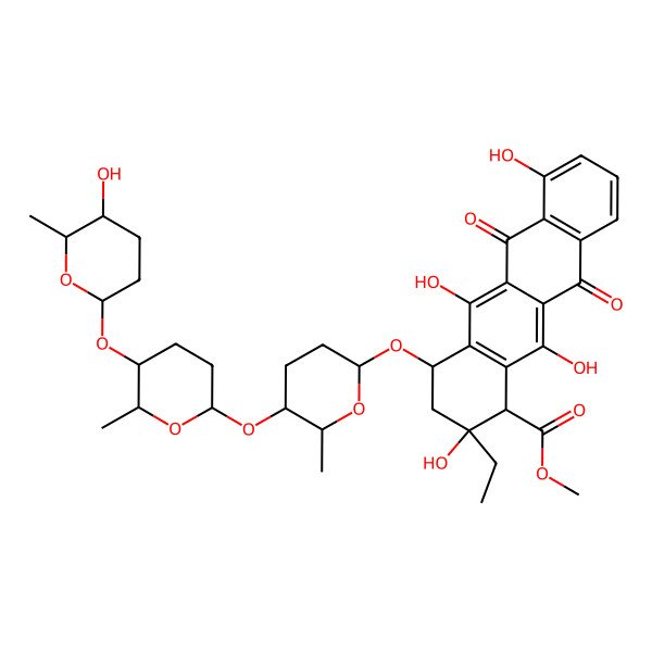 2D Structure of methyl 2-ethyl-2,5,7,12-tetrahydroxy-4-[5-[5-(5-hydroxy-6-methyloxan-2-yl)oxy-6-methyloxan-2-yl]oxy-6-methyloxan-2-yl]oxy-6,11-dioxo-3,4-dihydro-1H-tetracene-1-carboxylate