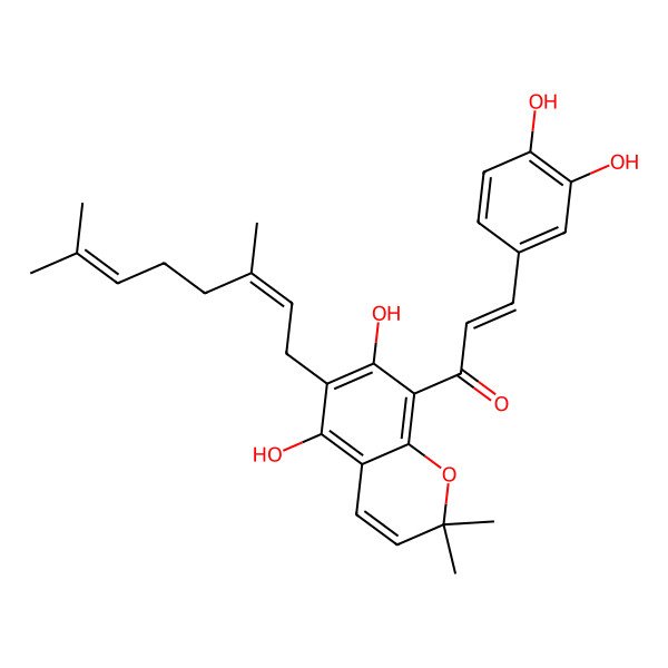 2D Structure of 3-(3,4-Dihydroxyphenyl)-1-[6-(3,7-dimethylocta-2,6-dienyl)-5,7-dihydroxy-2,2-dimethylchromen-8-yl]prop-2-en-1-one