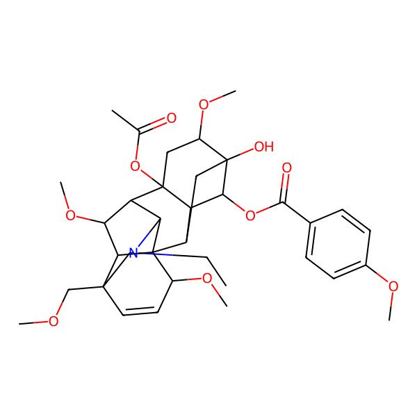 2D Structure of [(1S,2R,3R,4R,5S,6S,8S,9R,16S,17R,18S)-8-acetyloxy-11-ethyl-5-hydroxy-6,16,18-trimethoxy-13-(methoxymethyl)-11-azahexacyclo[7.7.2.12,5.01,10.03,8.013,17]nonadec-14-en-4-yl] 4-methoxybenzoate