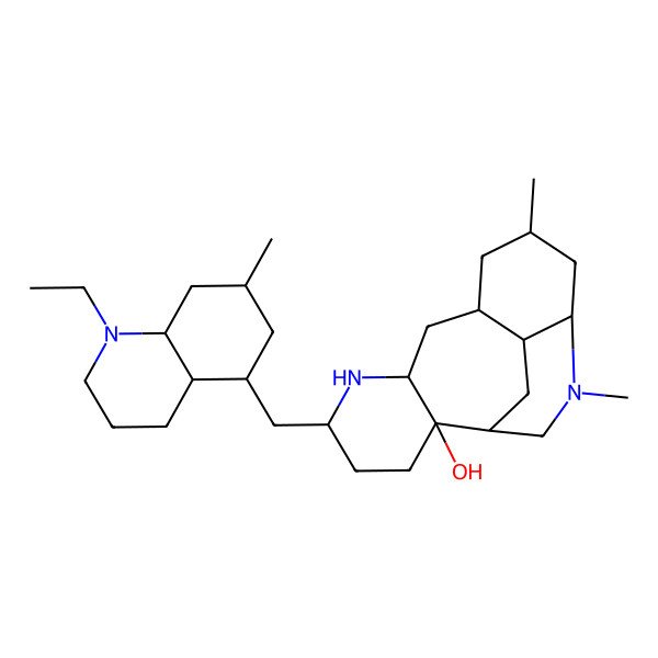 2D Structure of (1R,2S,5S,7S,9S,11R,13S,17R)-5-[[(4aS,5R,7S,8aR)-1-ethyl-7-methyl-3,4,4a,5,6,7,8,8a-octahydro-2H-quinolin-5-yl]methyl]-11,14-dimethyl-6,14-diazatetracyclo[7.6.2.02,7.013,17]heptadecan-2-ol