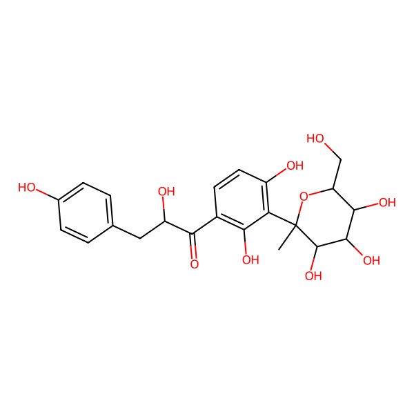 2D Structure of (2R)-1-[2,4-dihydroxy-3-[(2S,3R,4S,5S,6R)-3,4,5-trihydroxy-6-(hydroxymethyl)-2-methyloxan-2-yl]phenyl]-2-hydroxy-3-(4-hydroxyphenyl)propan-1-one