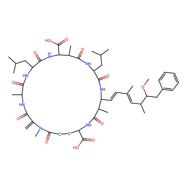 2D Structure of (5R,8S,11R,12S,15S,18S,19S,22R)-18-[(1E,3E,5S,6S)-6-methoxy-3,5-dimethyl-7-phenylhepta-1,3-dienyl]-1,5,12,19-tetramethyl-2-methylidene-8,15-bis(2-methylpropyl)-3,6,9,13,16,20,25-heptaoxo-1,4,7,10,14,17,21-heptazacyclopentacosane-11,22-dicarboxylic acid