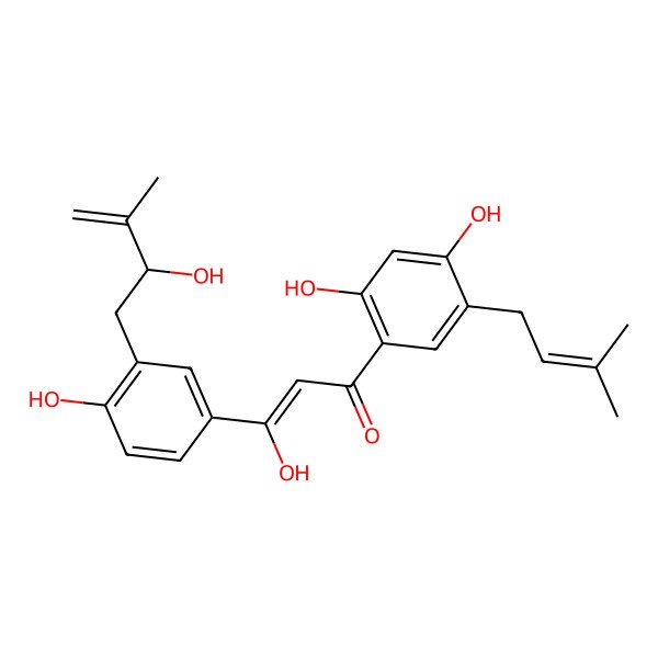 2D Structure of (Z)-1-[2,4-dihydroxy-5-(3-methylbut-2-enyl)phenyl]-3-hydroxy-3-[4-hydroxy-3-[(2S)-2-hydroxy-3-methylbut-3-enyl]phenyl]prop-2-en-1-one