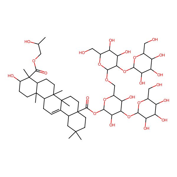 2D Structure of 8a-O-[(2S,3R,4S,5R,6R)-6-[[(2R,3R,4S,5S,6R)-4,5-dihydroxy-6-(hydroxymethyl)-3-[(2S,3R,4S,5S,6R)-3,4,5-trihydroxy-6-(hydroxymethyl)oxan-2-yl]oxyoxan-2-yl]oxymethyl]-3,5-dihydroxy-4-[(2S,3R,4S,5S,6R)-3,4,5-trihydroxy-6-(hydroxymethyl)oxan-2-yl]oxyoxan-2-yl] 4-O-[(2R)-2-hydroxypropyl] (3S,4S,4aR,6aR,6bS,8aS,12aS,14aR,14bR)-3-hydroxy-4,6a,6b,11,11,14b-hexamethyl-1,2,3,4a,5,6,7,8,9,10,12,12a,14,14a-tetradecahydropicene-4,8a-dicarboxylate