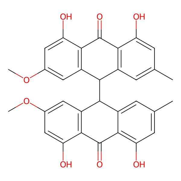 2D Structure of (10S)-10-[(9S)-4,5-dihydroxy-2-methoxy-7-methyl-10-oxo-9H-anthracen-9-yl]-1,8-dihydroxy-3-methoxy-6-methyl-10H-anthracen-9-one