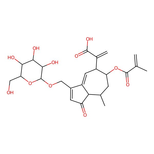 2D Structure of 2-[8-methyl-6-(2-methylprop-2-enoyloxy)-1-oxo-3-[[3,4,5-trihydroxy-6-(hydroxymethyl)oxan-2-yl]oxymethyl]-6,7,8,8a-tetrahydro-5H-azulen-5-yl]prop-2-enoic acid