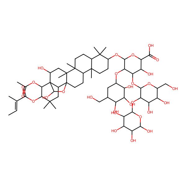 2D Structure of 6-[[22-Acetyloxy-2,23-dihydroxy-4,5,9,9,13,20,20-heptamethyl-21-(2-methylbut-2-enoyloxy)-24-oxahexacyclo[15.5.2.01,18.04,17.05,14.08,13]tetracosan-10-yl]oxy]-4-[4,5-dihydroxy-6-(hydroxymethyl)-3-(3,4,5,6-tetrahydroxyoxan-2-yl)oxyoxan-2-yl]oxy-3-hydroxy-5-[2,3,4-trihydroxy-5-(hydroxymethyl)cyclohexyl]oxyoxane-2-carboxylic acid