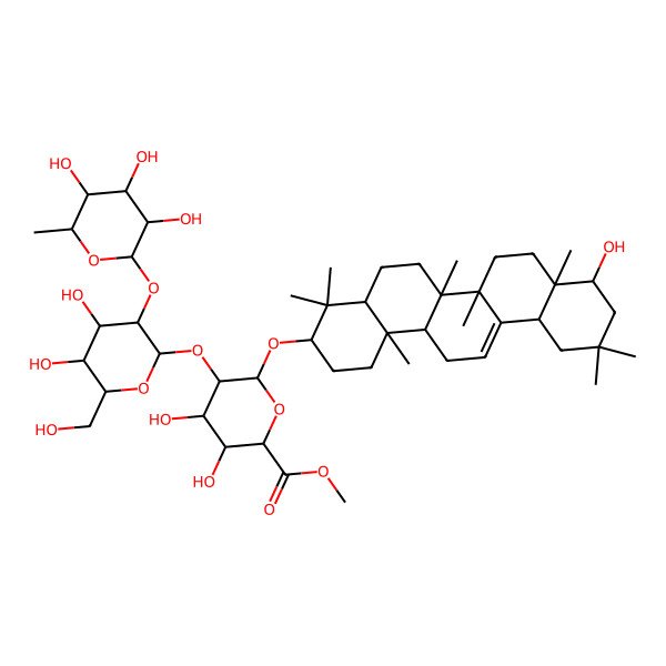2D Structure of methyl (2S,3S,4S,5R,6R)-6-[[(3S,4aR,6aR,6bS,8aR,9R,12aS,14aR,14bR)-9-hydroxy-4,4,6a,6b,8a,11,11,14b-octamethyl-1,2,3,4a,5,6,7,8,9,10,12,12a,14,14a-tetradecahydropicen-3-yl]oxy]-5-[(2S,3R,4S,5R,6R)-4,5-dihydroxy-6-(hydroxymethyl)-3-[(2S,3R,4R,5R,6S)-3,4,5-trihydroxy-6-methyloxan-2-yl]oxyoxan-2-yl]oxy-3,4-dihydroxyoxane-2-carboxylate