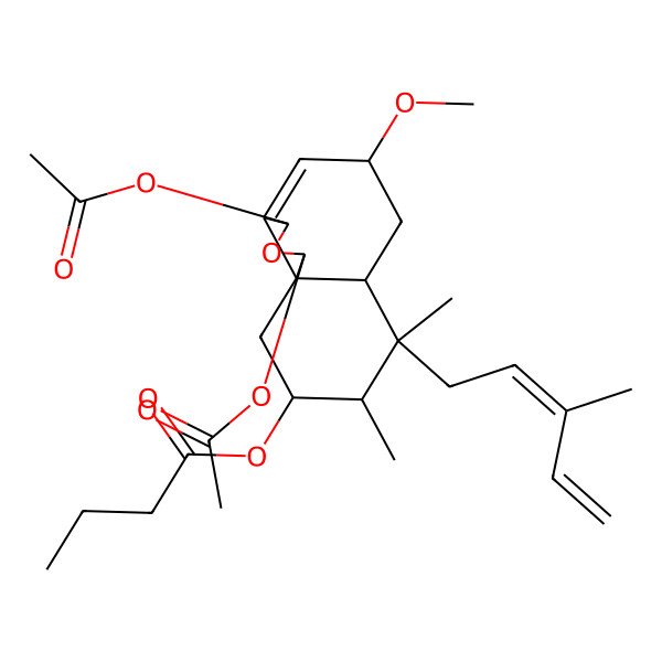 2D Structure of [(1S,3R,5R,6aS,7S,8S,9S,10aS)-1,3-diacetyloxy-5-methoxy-7,8-dimethyl-7-[(2Z)-3-methylpenta-2,4-dienyl]-1,3,5,6,6a,8,9,10-octahydrobenzo[d][2]benzofuran-9-yl] butanoate