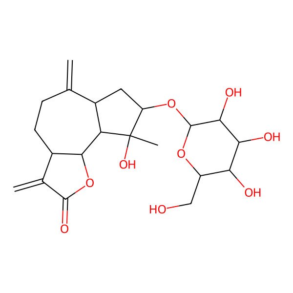 2D Structure of 9-Hydroxy-9-methyl-3,6-dimethylidene-8-[3,4,5-trihydroxy-6-(hydroxymethyl)oxan-2-yl]oxy-3a,4,5,6a,7,8,9a,9b-octahydroazuleno[4,5-b]furan-2-one