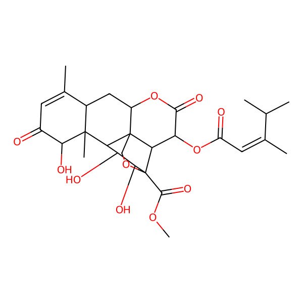 2D Structure of Picras-3-en-21-oic acid, 15-((3,4-dimethyl-1-oxo-2-pentenyl)oxy)-13,20-epoxy-1,11,12-trihydroxy-2,16-dioxo-,methyl ester, (1beta,11beta,12alpha,15beta(E))- 2D Structure of Picras-3-en-21-oic acid, 15-((3,4-dimethyl-1-oxo-2-pentenyl)oxy)-13,20-epoxy-1,11,12-trihydroxy-2,16-dioxo-,methyl ester, (1beta,11beta,12alpha,15beta(E))-