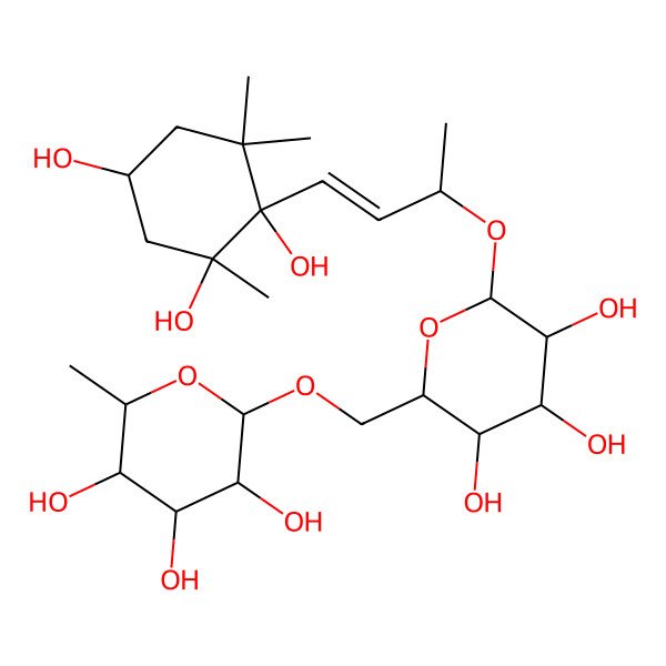 2D Structure of (2S,3R,4R,5R,6R)-2-methyl-6-[[(2R,3S,4S,5R,6R)-3,4,5-trihydroxy-6-[(E,2R)-4-[(1S,2S,4S)-1,2,4-trihydroxy-2,6,6-trimethylcyclohexyl]but-3-en-2-yl]oxyoxan-2-yl]methoxy]oxane-3,4,5-triol