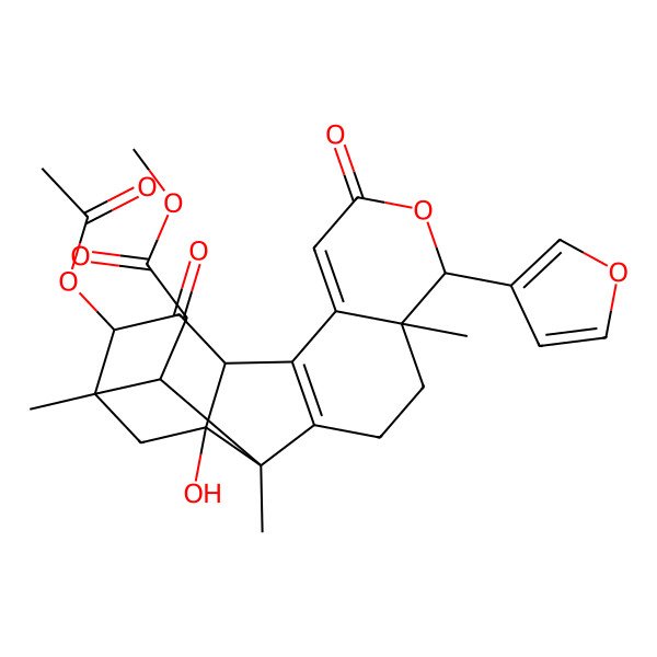 2D Structure of methyl 2-[(1S,5R,6R,12R,14S,15R,17S,18S)-14-acetyloxy-6-(furan-3-yl)-17-hydroxy-1,5,15-trimethyl-8,13-dioxo-7-oxapentacyclo[13.2.1.02,11.05,10.012,17]octadeca-2(11),9-dien-18-yl]acetate