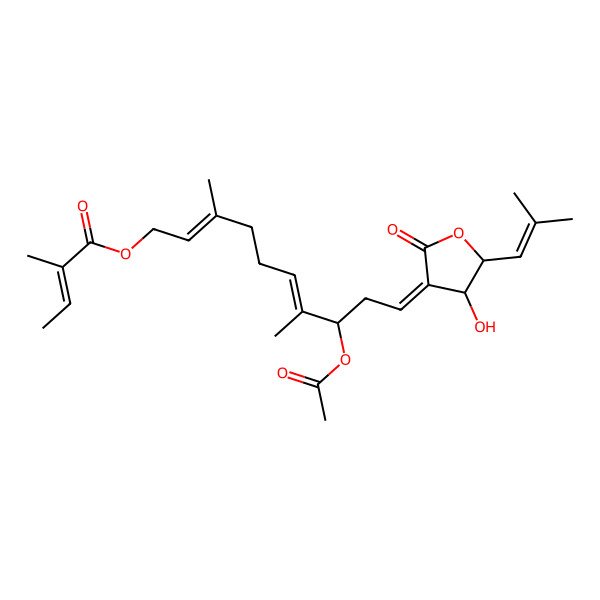 2D Structure of [8-Acetyloxy-10-[4-hydroxy-5-(2-methylprop-1-enyl)-2-oxooxolan-3-ylidene]-3,7-dimethyldeca-2,6-dienyl] 2-methylbut-2-enoate