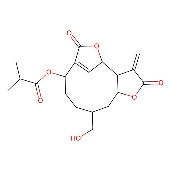 2D Structure of [8-(Hydroxymethyl)-3-methylidene-4,13-dioxo-5,14-dioxatricyclo[10.2.1.02,6]pentadec-12(15)-en-11-yl] 2-methylpropanoate