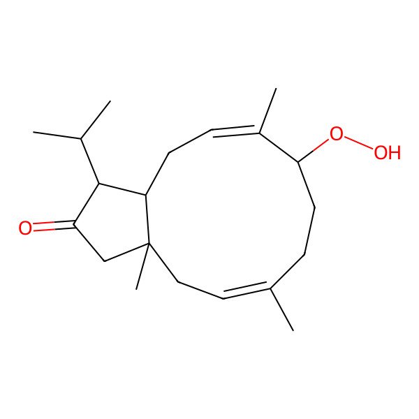 2D Structure of (3aR,5Z,9R,10E,12aR)-9-hydroperoxy-3a,6,10-trimethyl-1-propan-2-yl-1,3,4,7,8,9,12,12a-octahydrocyclopenta[11]annulen-2-one