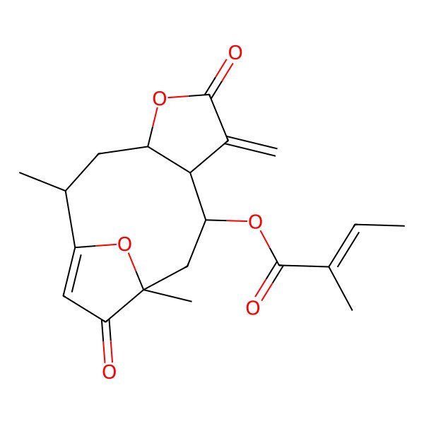 2D Structure of (2,11-Dimethyl-7-methylidene-6,12-dioxo-5,14-dioxatricyclo[9.2.1.04,8]tetradec-1(13)-en-9-yl) 2-methylbut-2-enoate