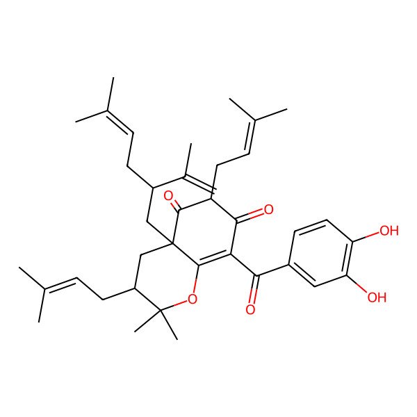 2D Structure of (3S,4aR,6S)-8-(3,4-dihydroxybenzoyl)-2,2-dimethyl-3,6-bis(3-methylbut-2-enyl)-4a-[(2S)-5-methyl-2-prop-1-en-2-ylhex-4-enyl]-3,4-dihydrochromene-5,7-dione