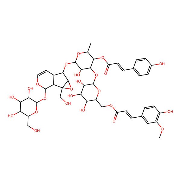 2D Structure of [5-Hydroxy-6-[[2-(hydroxymethyl)-10-[3,4,5-trihydroxy-6-(hydroxymethyl)oxan-2-yl]oxy-3,9-dioxatricyclo[4.4.0.02,4]dec-7-en-5-yl]oxy]-2-methyl-4-[3,4,5-trihydroxy-6-[3-(4-hydroxy-3-methoxyphenyl)prop-2-enoyloxymethyl]oxan-2-yl]oxyoxan-3-yl] 3-(4-hydroxyphenyl)prop-2-enoate
