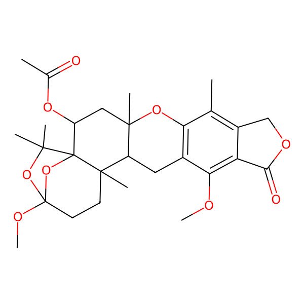 2D Structure of (13,20-Dimethoxy-4,7,17,22,22-pentamethyl-11-oxo-5,10,21,23-tetraoxahexacyclo[18.2.1.01,17.04,16.06,14.08,12]tricosa-6(14),7,12-trien-2-yl) acetate