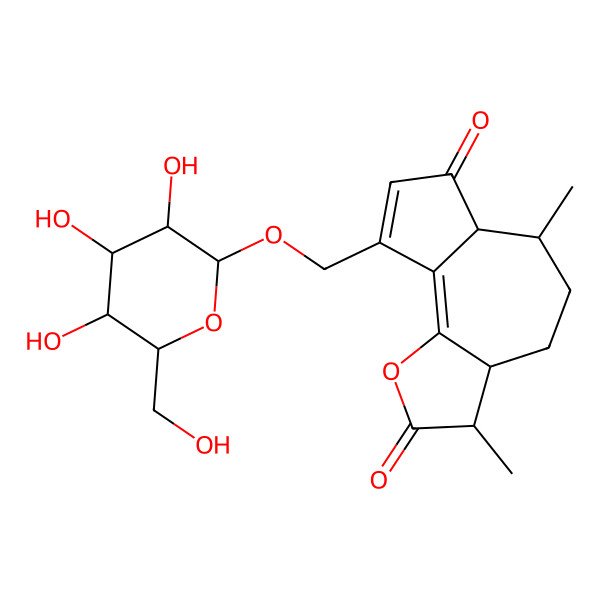 2D Structure of 3,6-Dimethyl-9-[[3,4,5-trihydroxy-6-(hydroxymethyl)oxan-2-yl]oxymethyl]-3,3a,4,5,6,6a-hexahydroazuleno[4,5-b]furan-2,7-dione