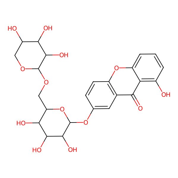 2D Structure of 1-hydroxy-7-[(2S,3R,4S,5S,6R)-3,4,5-trihydroxy-6-[[(2S,3R,4S,5S)-3,4,5-trihydroxyoxan-2-yl]oxymethyl]oxan-2-yl]oxyxanthen-9-one