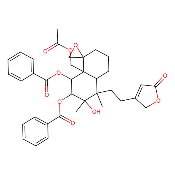 2D Structure of [(1R,2S,3R,4S,4aR,8R,8aR)-8a-(acetyloxymethyl)-1-benzoyloxy-3-hydroxy-3,4-dimethyl-4-[2-(5-oxo-2H-furan-3-yl)ethyl]spiro[1,2,4a,5,6,7-hexahydronaphthalene-8,2'-oxirane]-2-yl] benzoate
