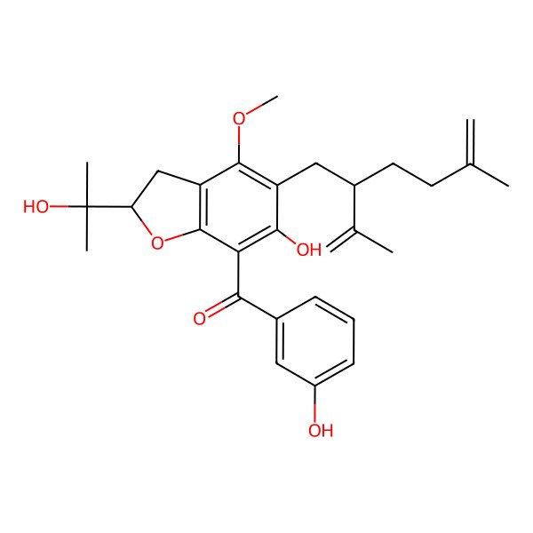 2D Structure of [(2S)-6-hydroxy-2-(2-hydroxypropan-2-yl)-4-methoxy-5-[(2R)-5-methyl-2-prop-1-en-2-ylhex-5-enyl]-2,3-dihydro-1-benzofuran-7-yl]-(3-hydroxyphenyl)methanone