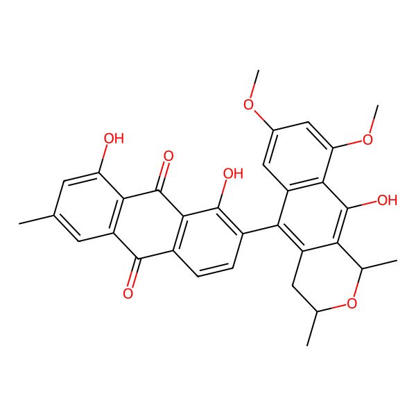 2D Structure of 1,8-dihydroxy-2-[(1R,3S)-10-hydroxy-7,9-dimethoxy-1,3-dimethyl-3,4-dihydro-1H-benzo[g]isochromen-5-yl]-6-methylanthracene-9,10-dione