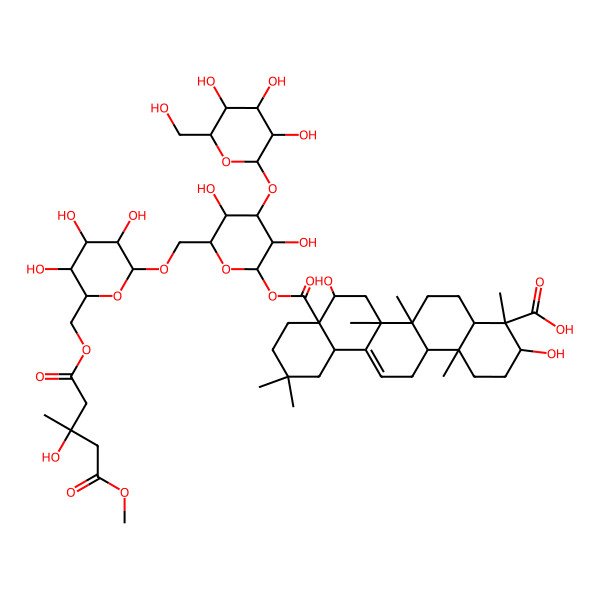 2D Structure of (3S,4S,4aR,6aR,6bS,8R,8aR,12aS,14aR,14bR)-8a-[(2S,3R,4S,5R,6R)-3,5-dihydroxy-6-[[(2R,3R,4S,5R,6R)-3,4,5-trihydroxy-6-[[(3R)-3-hydroxy-5-methoxy-3-methyl-5-oxopentanoyl]oxymethyl]oxan-2-yl]oxymethyl]-4-[(2R,3R,4S,5R,6R)-3,4,5-trihydroxy-6-(hydroxymethyl)oxan-2-yl]oxyoxan-2-yl]oxycarbonyl-3,8-dihydroxy-4,6a,6b,11,11,14b-hexamethyl-1,2,3,4a,5,6,7,8,9,10,12,12a,14,14a-tetradecahydropicene-4-carboxylic acid