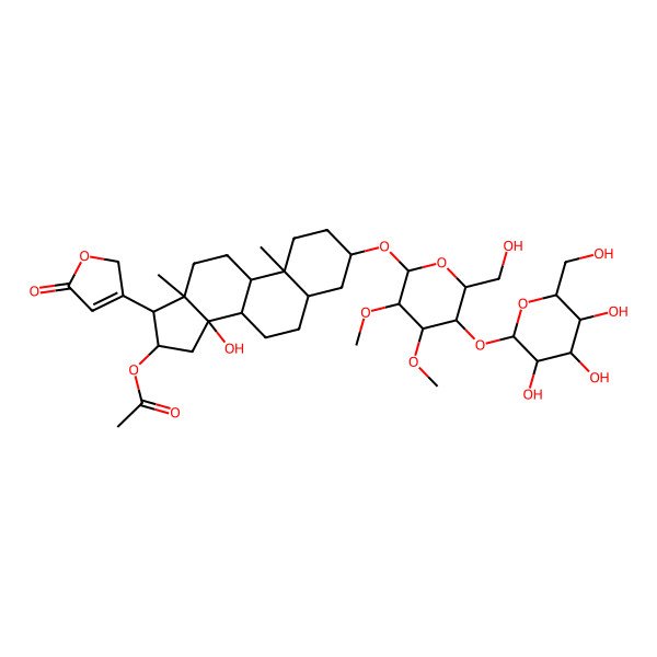 2D Structure of [(3S,5S,8S,9S,10S,13R,14S,16S,17S)-14-hydroxy-3-[(2R,3R,4S,5R,6R)-6-(hydroxymethyl)-3,4-dimethoxy-5-[(2S,3R,4S,5S,6R)-3,4,5-trihydroxy-6-(hydroxymethyl)oxan-2-yl]oxyoxan-2-yl]oxy-10,13-dimethyl-17-(5-oxo-2H-furan-3-yl)-1,2,3,4,5,6,7,8,9,11,12,15,16,17-tetradecahydrocyclopenta[a]phenanthren-16-yl] acetate