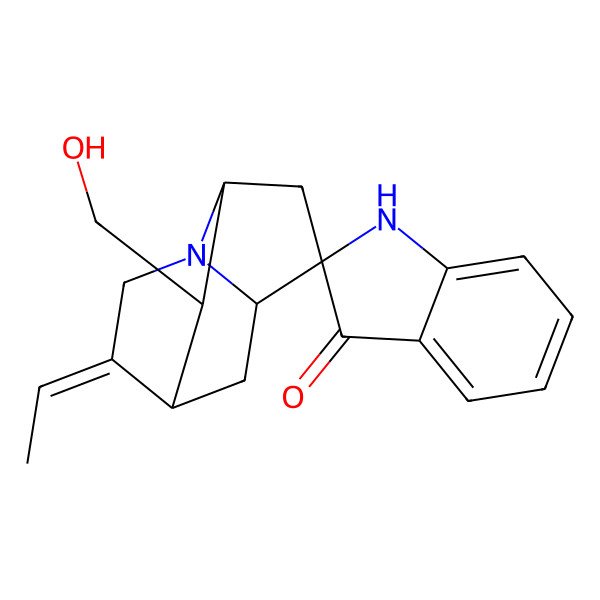 2D Structure of (1'S,2S,3'S,6'S,9'E)-9'-ethylidene-2'-(hydroxymethyl)spiro[1H-indole-2,5'-7-azatricyclo[4.3.1.03,7]decane]-3-one