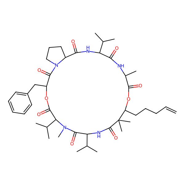 2D Structure of (3S,6R,9S,13S,16S,19S,22S)-3-benzyl-7,12,12,16-tetramethyl-13-pent-4-enyl-6,9,19-tri(propan-2-yl)-4,14-dioxa-1,7,10,17,20-pentazabicyclo[20.3.0]pentacosane-2,5,8,11,15,18,21-heptone