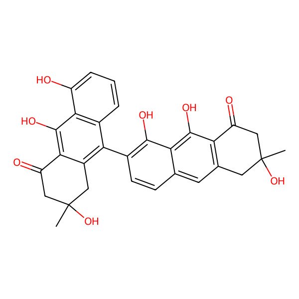 2D Structure of 3,8,9-Trihydroxy-3-methyl-7-(2,5,10-trihydroxy-2-methyl-4-oxo-1,3-dihydroanthracen-9-yl)-2,4-dihydroanthracen-1-one