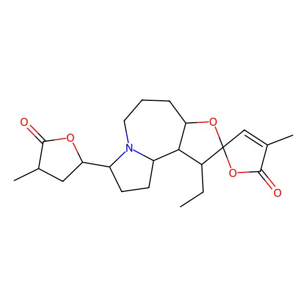 2D Structure of (1S,2S,3S,4R,6S,11R)-3-ethyl-3'-methyl-11-[(2S,4R)-4-methyl-5-oxooxolan-2-yl]spiro[5-oxa-10-azatricyclo[8.3.0.02,6]tridecane-4,5'-furan]-2'-one