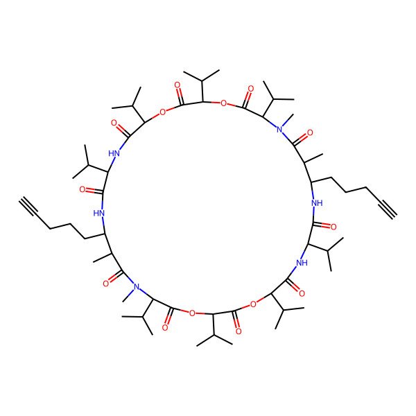2D Structure of (2R,5R,11S,12S,15R,18R,21R,24R,27R,28R,31R)-12,14,28,30-tetramethyl-11,27-bis(pent-4-ynyl)-2,5,8,15,18,21,24,31-octa(propan-2-yl)-1,4,17,20-tetraoxa-7,10,14,23,26,30-hexazacyclodotriacontane-3,6,9,13,16,19,22,25,29,32-decone