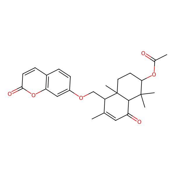 2D Structure of [1,1,4a,6-tetramethyl-8-oxo-5-[(2-oxochromen-7-yl)oxymethyl]-3,4,5,8a-tetrahydro-2H-naphthalen-2-yl] acetate