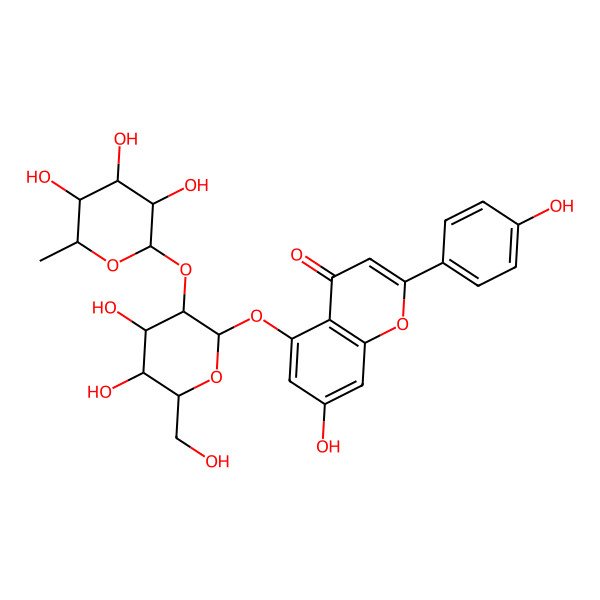 2D Structure of 5-[(2S,3R,4S,5S,6R)-4,5-dihydroxy-6-(hydroxymethyl)-3-[(2R,3S,4S,5S,6R)-3,4,5-trihydroxy-6-methyloxan-2-yl]oxyoxan-2-yl]oxy-7-hydroxy-2-(4-hydroxyphenyl)chromen-4-one