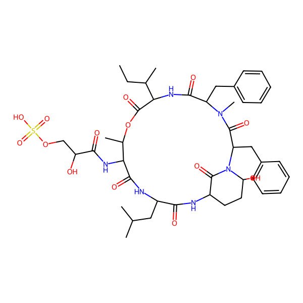 2D Structure of [3-[[2,5-Dibenzyl-8-butan-2-yl-21-hydroxy-4,11-dimethyl-15-(2-methylpropyl)-3,6,9,13,16,22-hexaoxo-10-oxa-1,4,7,14,17-pentazabicyclo[16.3.1]docosan-12-yl]amino]-2-hydroxy-3-oxopropyl] hydrogen sulfate