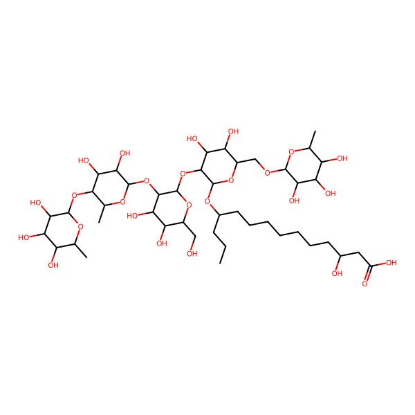 2D Structure of (3S,11S)-11-[(2R,3R,4S,5S,6R)-3-[(2S,3R,4S,5S,6R)-3-[(2S,3R,4S,5R,6S)-3,4-dihydroxy-6-methyl-5-[(2S,3R,4S,5S,6R)-3,4,5-trihydroxy-6-methyloxan-2-yl]oxyoxan-2-yl]oxy-4,5-dihydroxy-6-(hydroxymethyl)oxan-2-yl]oxy-4,5-dihydroxy-6-[[(2R,3R,4R,5R,6S)-3,4,5-trihydroxy-6-methyloxan-2-yl]oxymethyl]oxan-2-yl]oxy-3-hydroxytetradecanoic acid