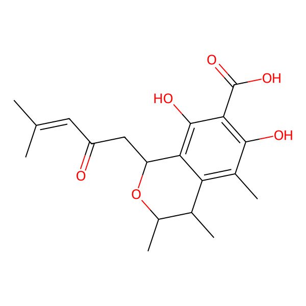 2D Structure of 6,8-dihydroxy-3,4,5-trimethyl-1-(4-methyl-2-oxopent-3-enyl)-3,4-dihydro-1H-isochromene-7-carboxylic acid