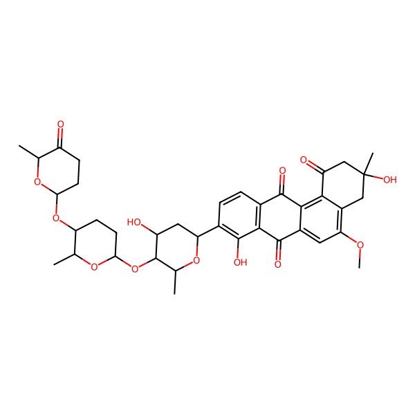 2D Structure of (3R)-3,8-dihydroxy-9-[4-hydroxy-6-methyl-5-[6-methyl-5-(6-methyl-5-oxooxan-2-yl)oxyoxan-2-yl]oxyoxan-2-yl]-5-methoxy-3-methyl-2,4-dihydrobenzo[a]anthracene-1,7,12-trione