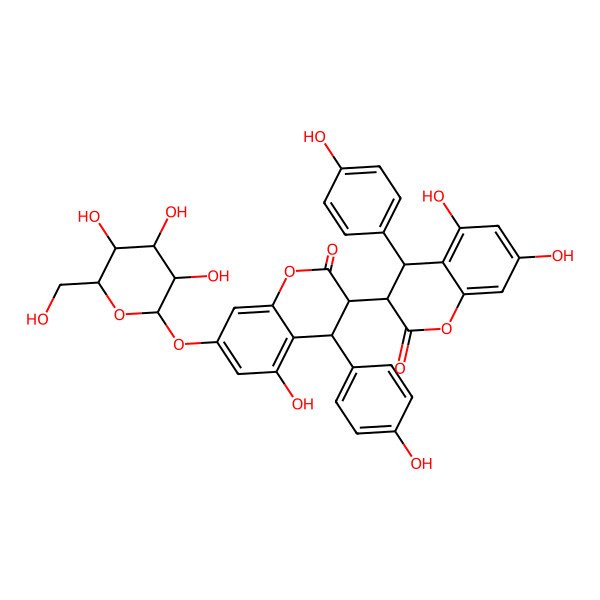 2D Structure of 5,7-Dihydroxy-3-[5-hydroxy-4-(4-hydroxyphenyl)-2-oxo-7-[3,4,5-trihydroxy-6-(hydroxymethyl)oxan-2-yl]oxy-3,4-dihydrochromen-3-yl]-4-(4-hydroxyphenyl)-3,4-dihydrochromen-2-one