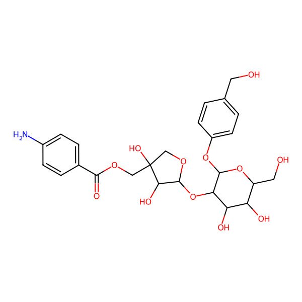 2D Structure of [(3S,4R,5S)-5-[(2S,3R,4S,5S,6R)-4,5-dihydroxy-6-(hydroxymethyl)-2-[4-(hydroxymethyl)phenoxy]oxan-3-yl]oxy-3,4-dihydroxyoxolan-3-yl]methyl 4-aminobenzoate