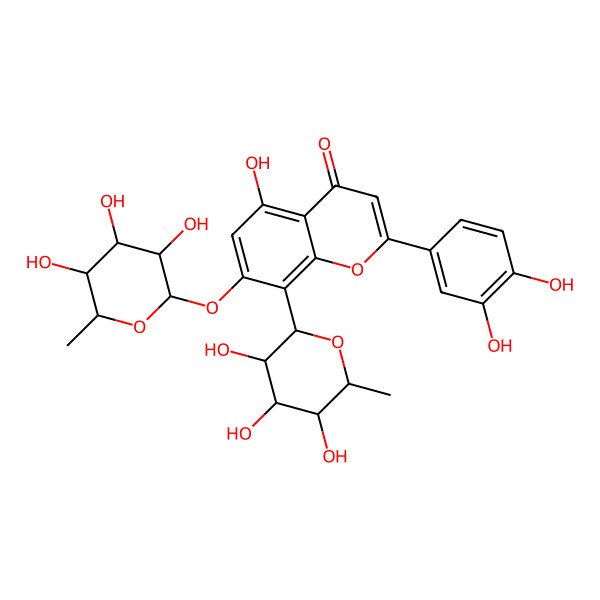 2D Structure of 2-(3,4-dihydroxyphenyl)-5-hydroxy-8-[(2S,3R,4R,5R,6S)-3,4,5-trihydroxy-6-methyloxan-2-yl]-7-[(2S,3R,4R,5R,6S)-3,4,5-trihydroxy-6-methyloxan-2-yl]oxychromen-4-one